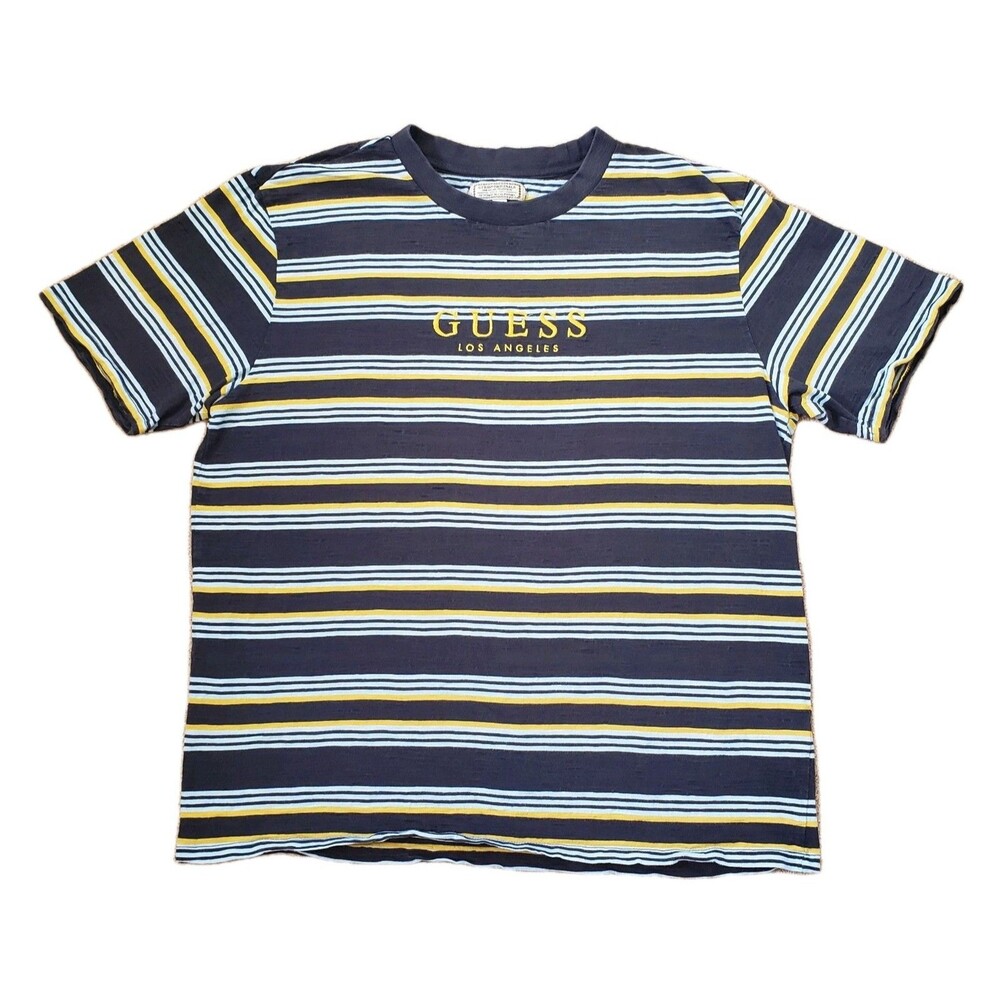Vintage 90s Guess Embroidered Striped Size Large Mens Multicolored T-Shirt LA
